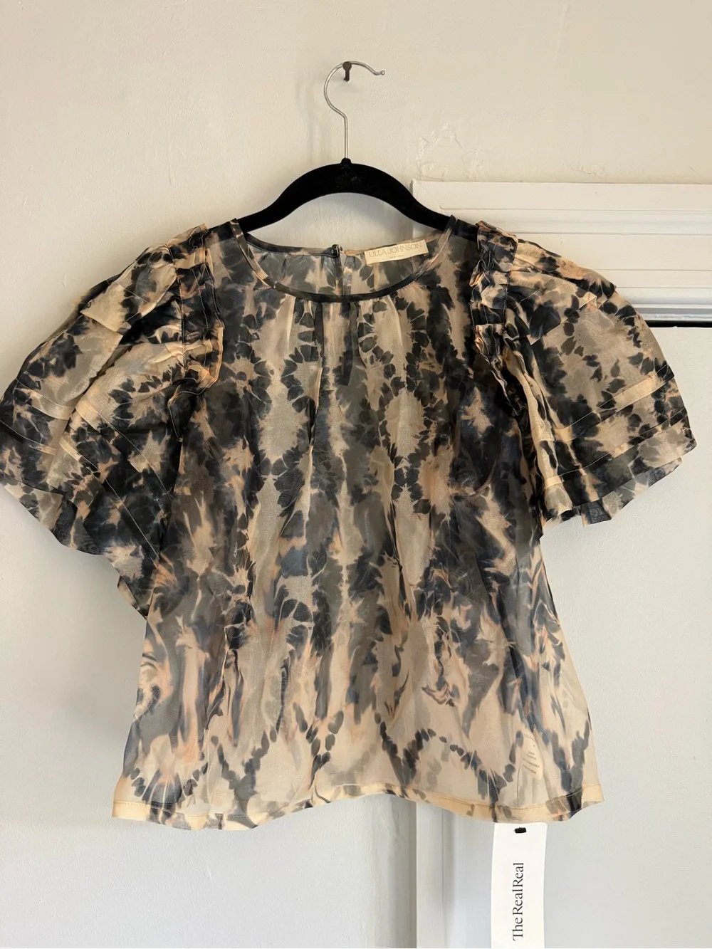Ulla Johnson Beige and Black Sheer Floral Puff-Sleeve Blouse